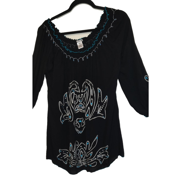 Krista Lee Top Womens XL Black Boho Beaded Embroidered Hippie Comfort Artsy Tuni - Picture 2 of 16